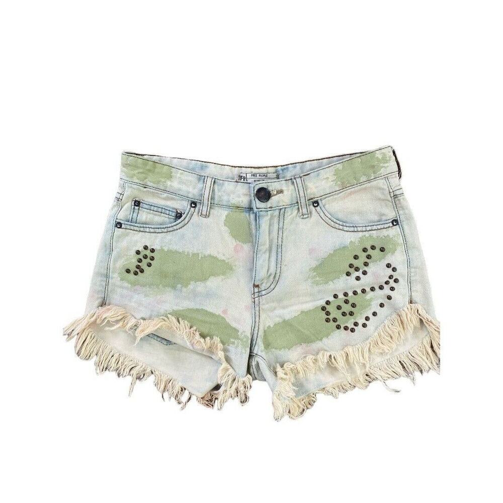 25 Free People Camo Cut Off Jean Shorts Studded Fringed